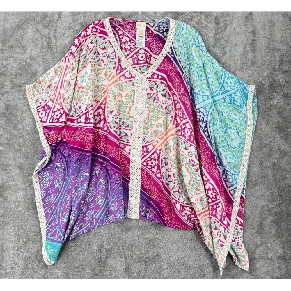 Chicos Blouse Womens S/M Crochet Trim Kimono Boho Beach Resort Poncho Pink Blue